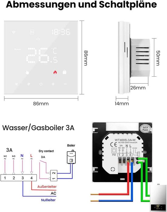 Termostat Miucda inteligent Smart Wifi wireless WT400S-16A-W încălzire pardoseală apă/boiler gaz,digital de cameră WLAN,programabil,Alexa, Google Home