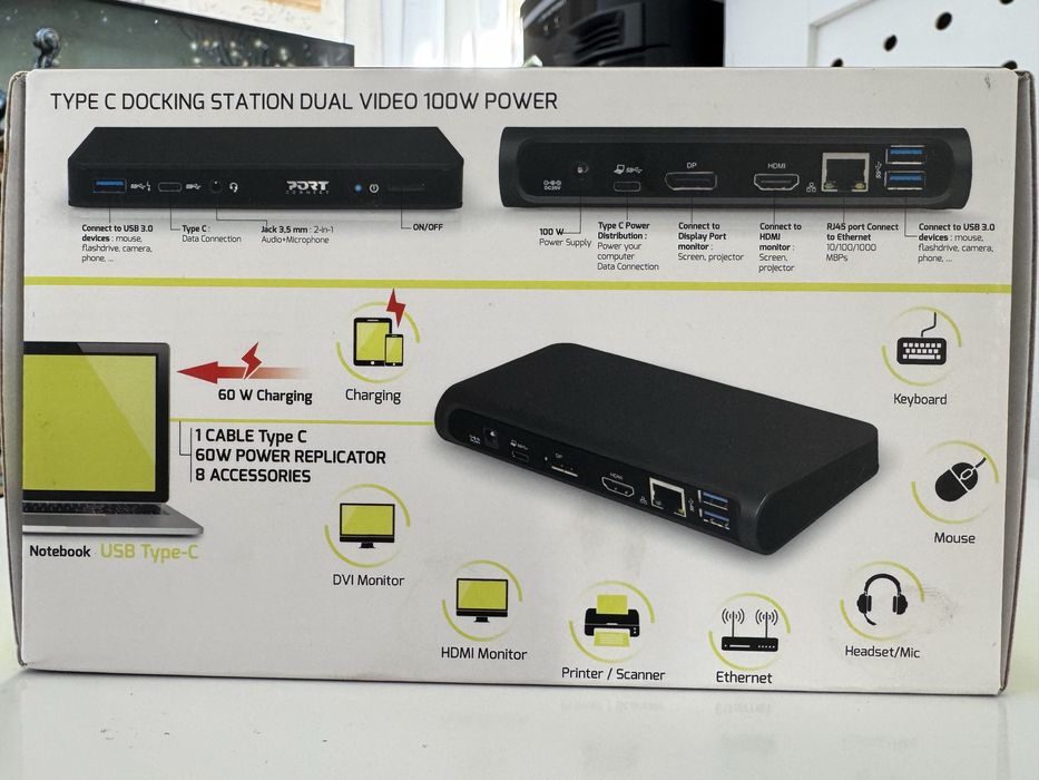 USB-C Docking station, Port Connect, Dual Video, 100W