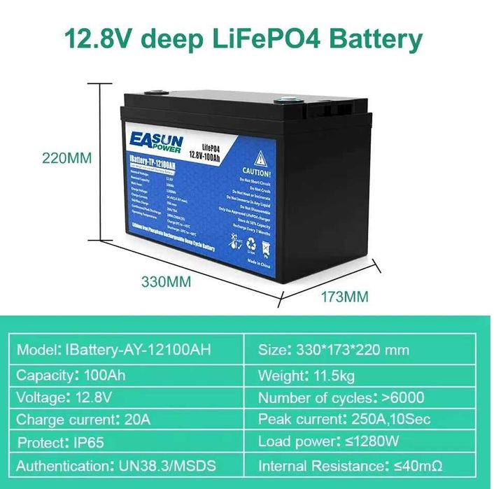 Baterie Easun LiFePO4, capacitate 100 Ah, protectie IP65, 12 V-100 Ah