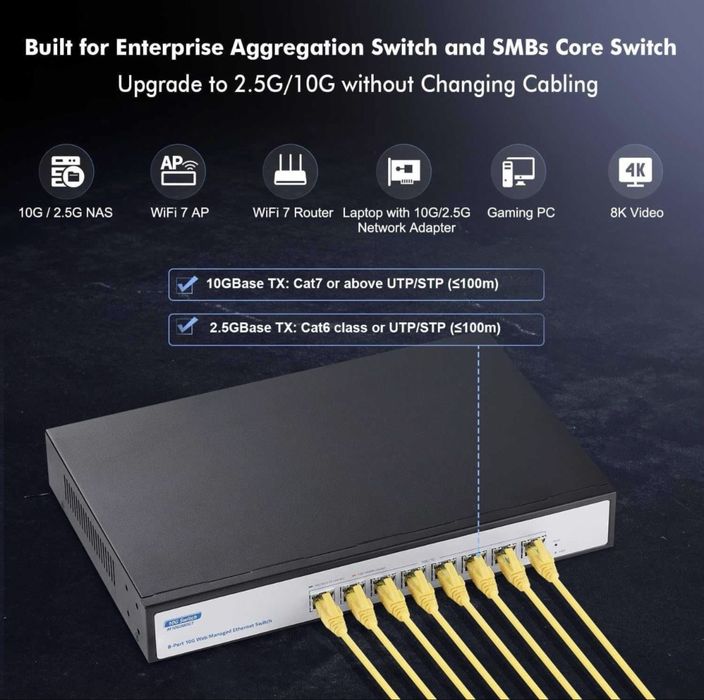 Switch retea 10G YuLinca M10G080GT RJ45 8 port gestionat,negociere automată Ethernet 10G/5G/2.5G/1000M,lățime bandă 160Gbps,suport LACP/QOS/VLAN/IGMP
