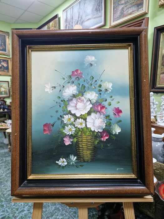 Прекрасна антикварна авторска картина масло платно натюрморт