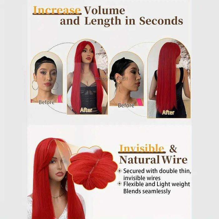 80 см Ярко червена права синтетична перука с дълъг бретон