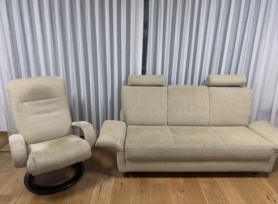 Canapea 3 locuri + fotoliu recliner rotativ,material textil crem