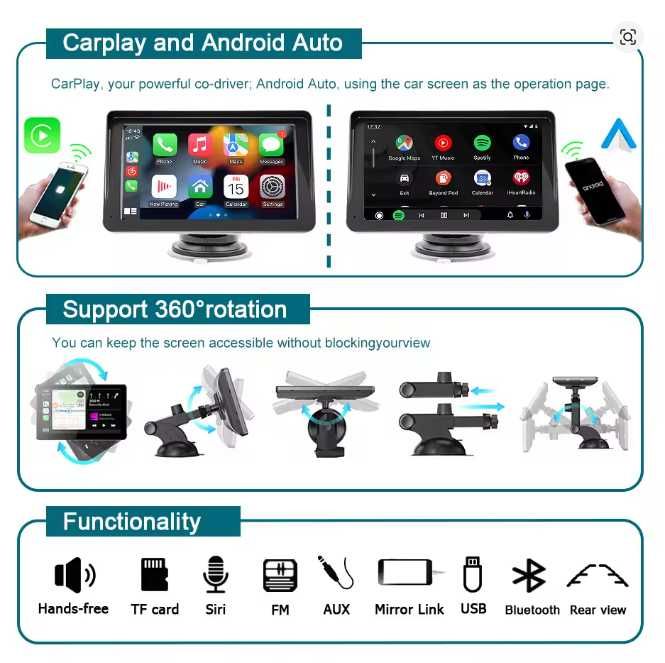 Универсална мултимедия за кола 7" с Безжичен Apple Carplay и Android Autо
