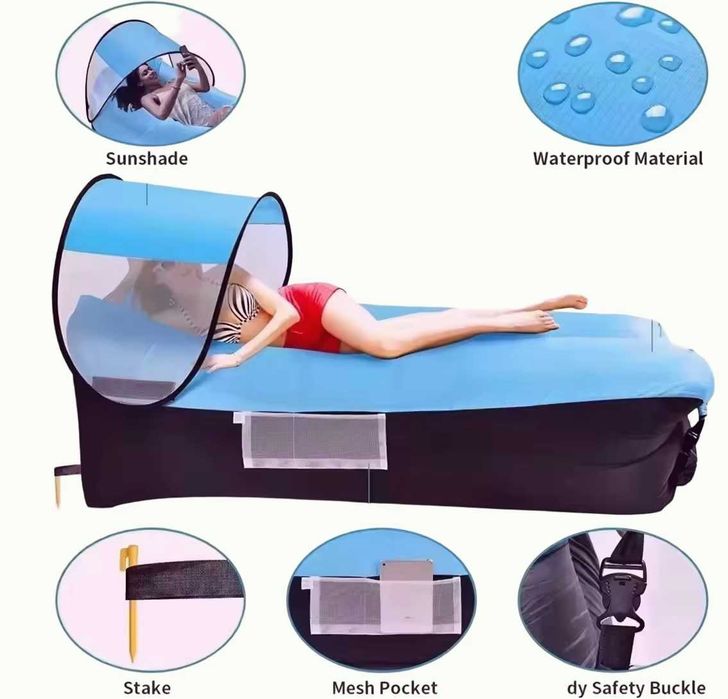 Нов Самонадуваем диван/легло Air sofa, Bubble bed, Голям размер, Със свалящ се сенник, Вградена възглавница, Чанта за носене и аксесоари