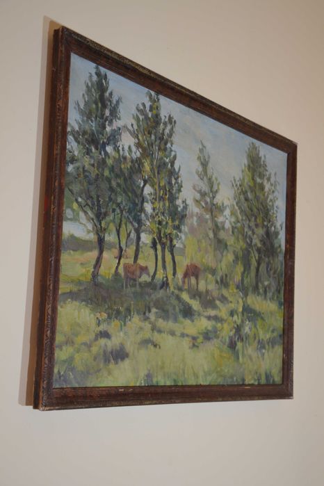 Tablou vechi pictură ulei – Peisaj impresionist cu vaci – 55x74 cm