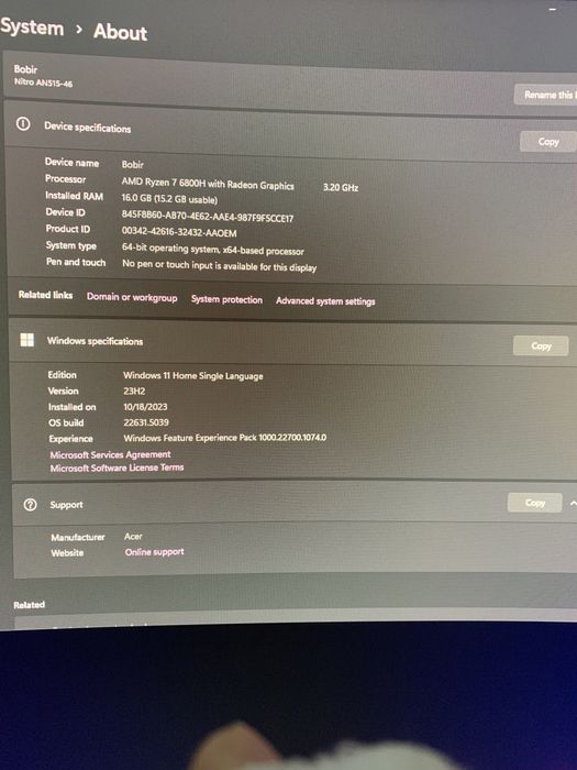 Noutbook acer nitro 5 ryzen 7
