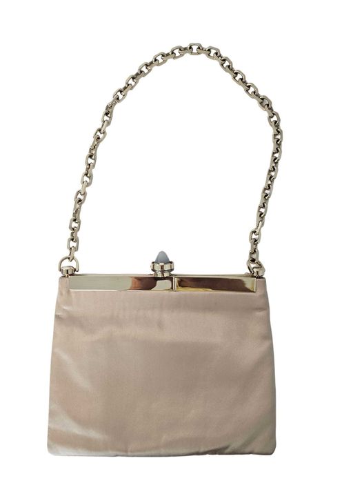 Clutch de seară Lanvin bej din mătase cu lanț și detaliu cu piatră