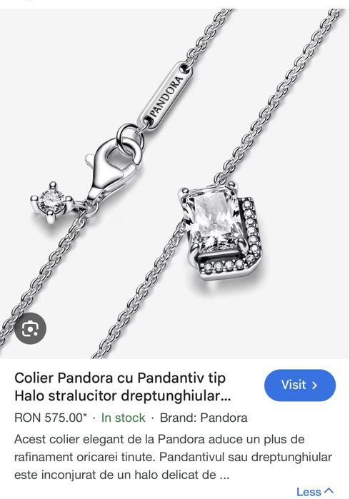 Colier Pandora cu Pandantiv tip Halo stralucitor dreptunghiular Zirconiu Argint 925 - 45cm