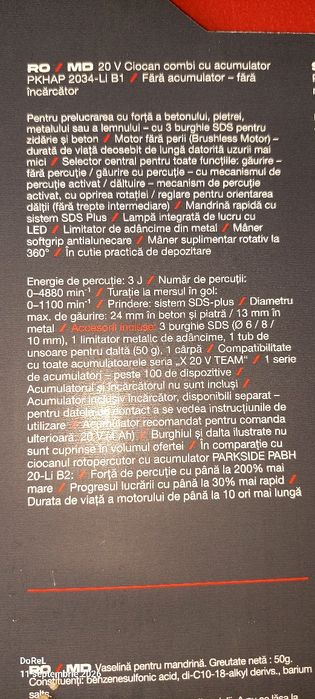 Rotopercutor cu acumulator 20v