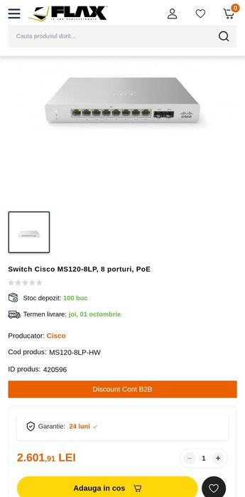Cisco Meraki MS120-8LP Switch 8 Porturi PoE+ SIGILAT / NOU / NEFOLOSIT + Sursa Inclusa + Transfer Dashboard