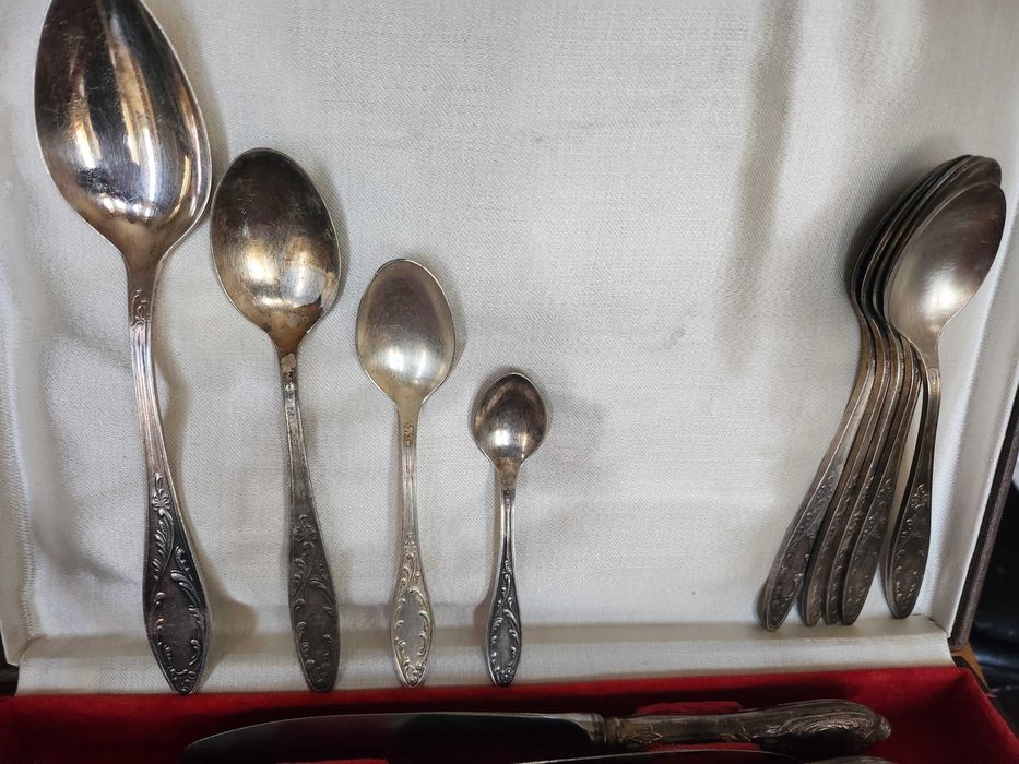 прибори от мелхиор, посребрени, к-т с х 36 броя, редки, от СССР