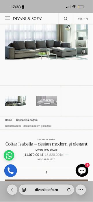 Vand canapea coltar Divani and Sofa verde - puf de gasca integral
