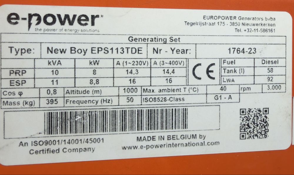 Generator de curent EuroPower 10Kwa / 2023 / 346h functionare