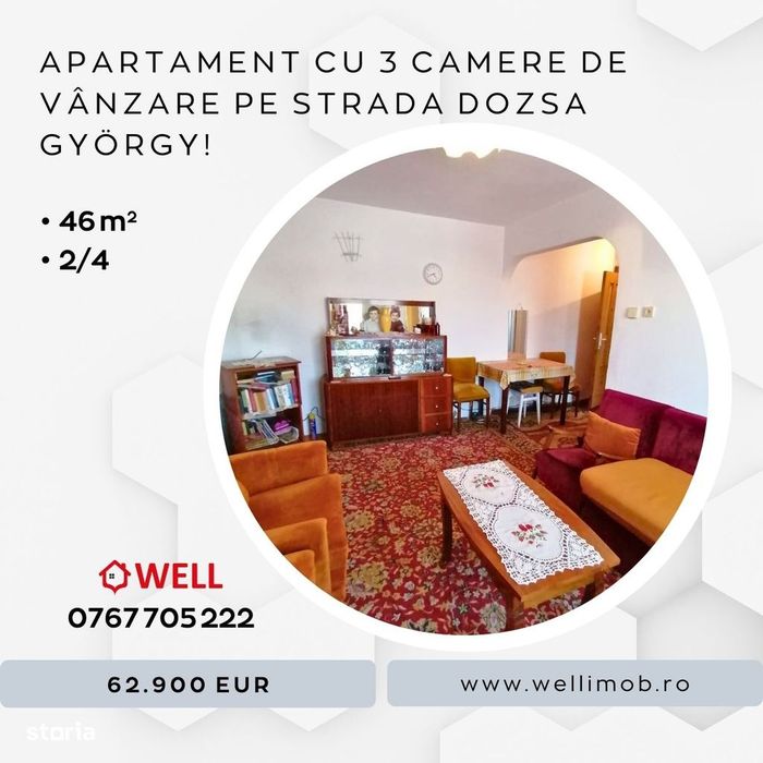 Apartament cu 3 camere de vânzare pe strada Dozsa György!