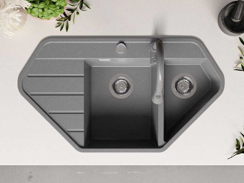 Сива ъглова кухненска гранитна мивка Копенхаген 900 Corner 900x500 мм