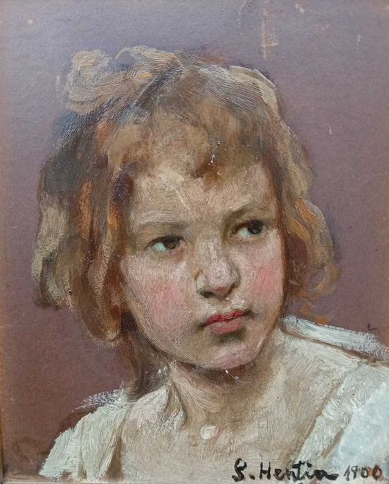 Tablou vechi - cap de copil - semnat S. Hentia 1900