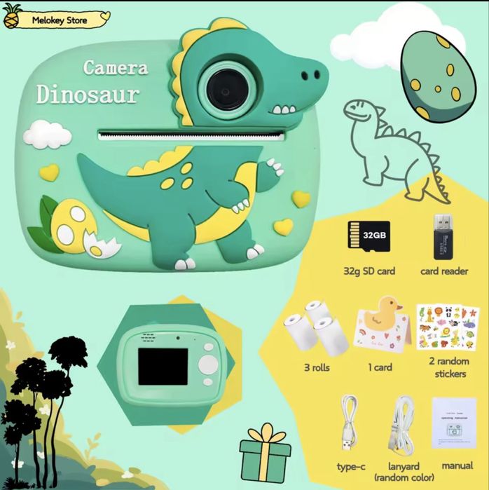 Детски фотоапарат с принтер динозавър , еднорог/Children camera print
