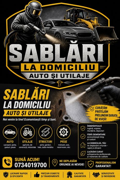 Sablări profesionale la domiciliu – auto Sablări profesionale la domiciliu – auto și utilaje!
Îndepărtăm rapid rugina, vopseaua veche și depunerile, d