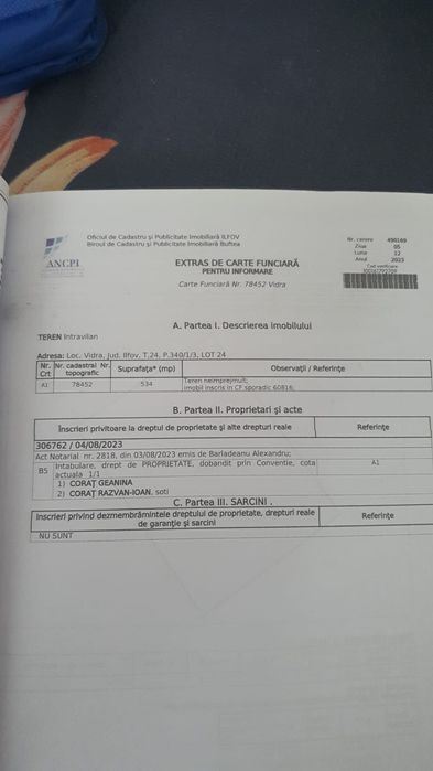 Vând teren com.Vidra jud if 534m2