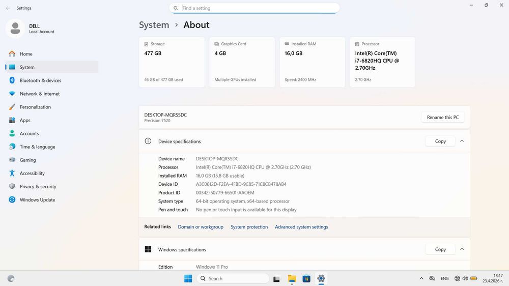 Dell Precision 7520, 15.6" 1920x1080, i7-6820HQ