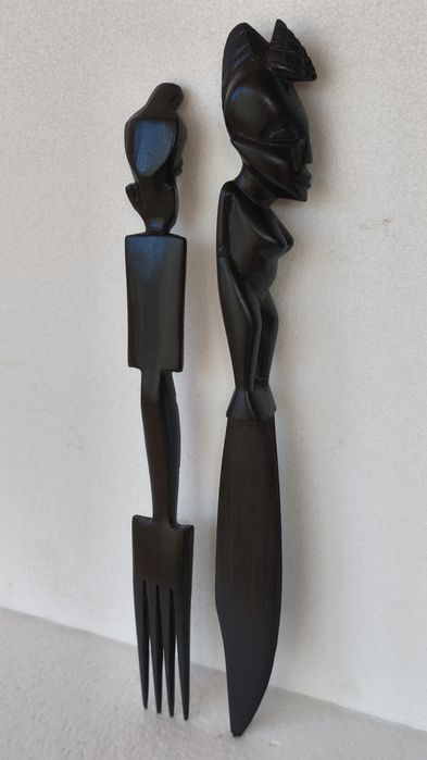 2 statuete sculptura abanos set rustic arta handmade figurine lemn