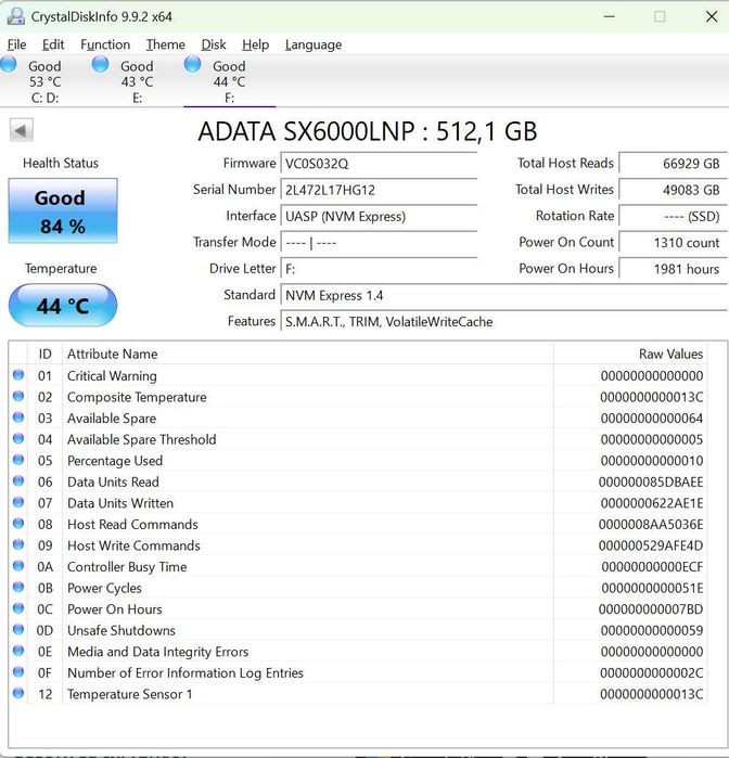 SSD 512GB ADATA SX6000LNP NVMe | 84% SMART | С термоинтерфейс