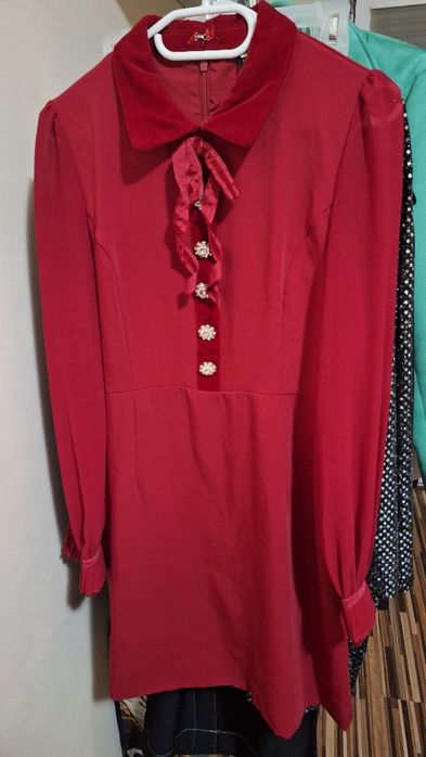 Официална Къса Червена Рокля S | Шифон, Велур