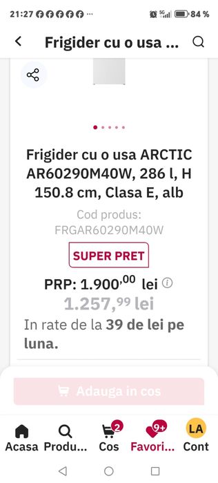 Frigider Artic  286 litri 150cm