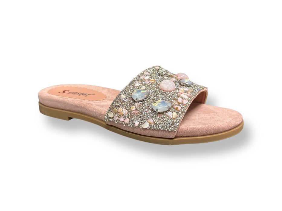 Дамски чехли с камъни в розово