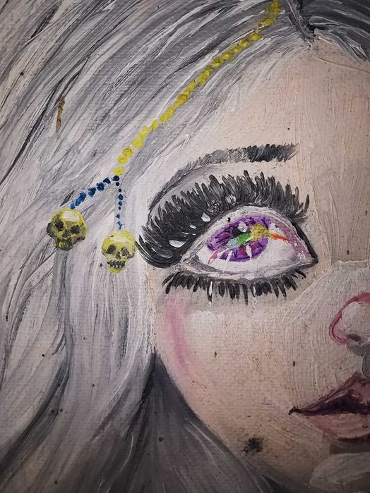 Tablou original ulei pe pânză, față și cranii, gothica