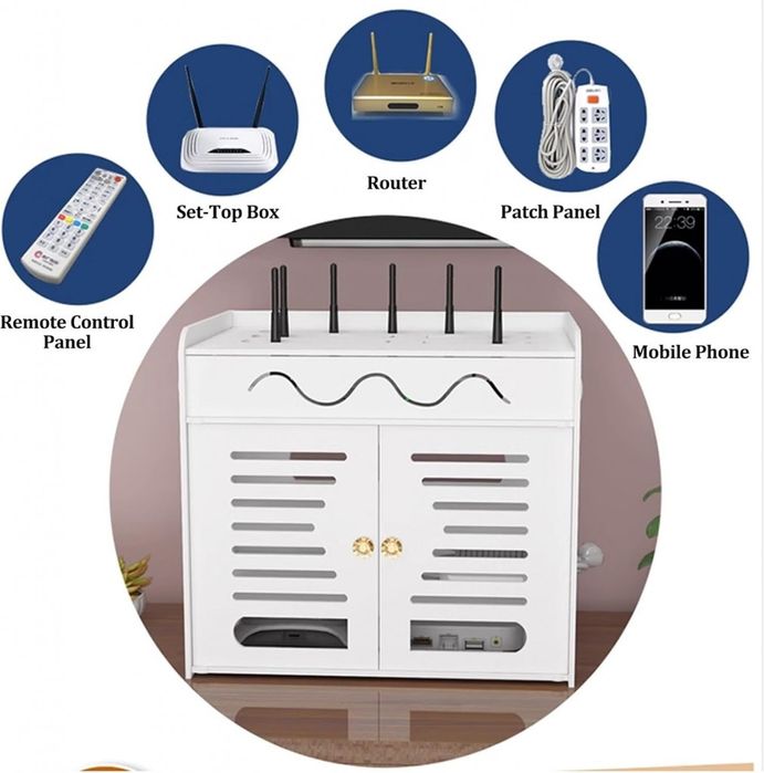 Органайзер шкаф за Wi-Fi рутер и кабели – 3 нива, бял дизайн