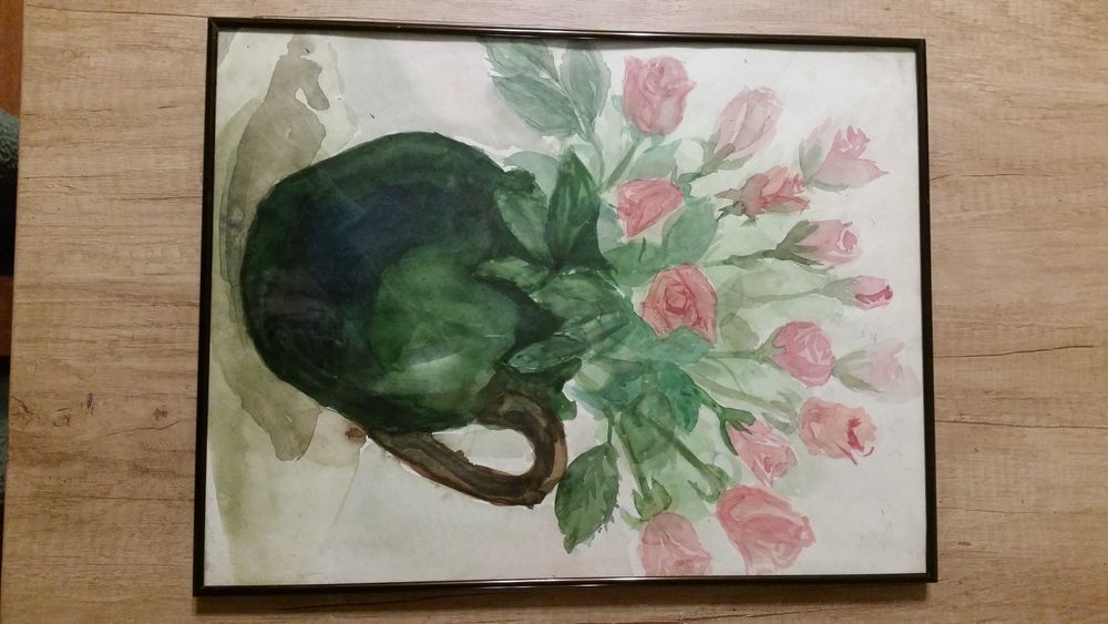 Ваза с рози. Акварел. Рамка със стъкло отпред. Размера е: 44 на 34 см.