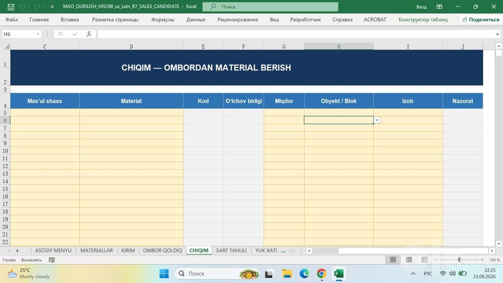 М29 MAO QURILISH HISOBI — Excel dasturida