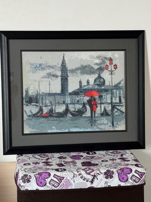 Алмазная мозаика “Венеция под красным зонтом” — ручная работа, в раме