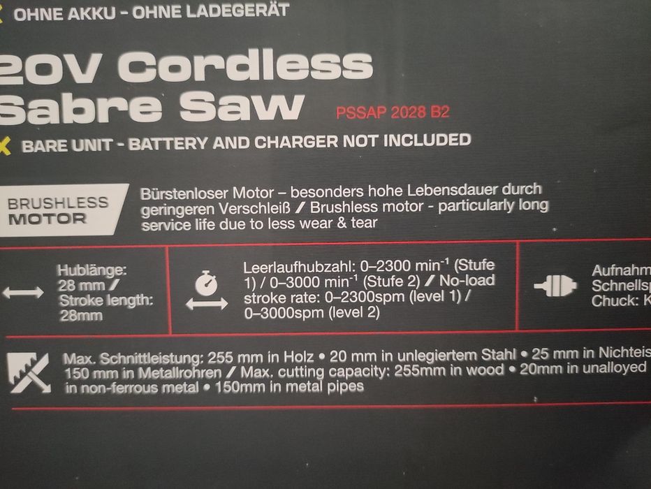 Ferastrau sabie parkside performance pe acumulator de 20 V