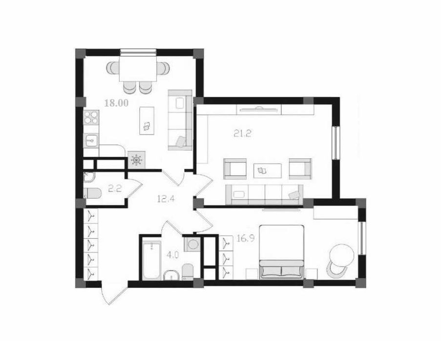ЖК "Parkent plaza". 2-комнатная, 74.6 м², Паркентский, Корзинка