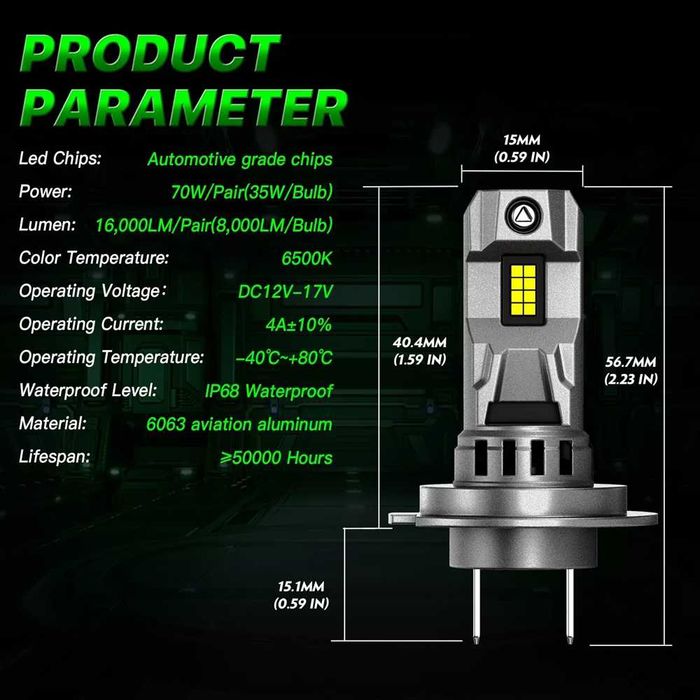 60W LED Мини Диодни крушки H7, 12V, Canbus +300% Светлина.