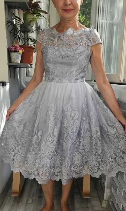 Rochie A-Line, Gri,Dantela,Lungime medie, mâneca scurta,cu sutien/cupe