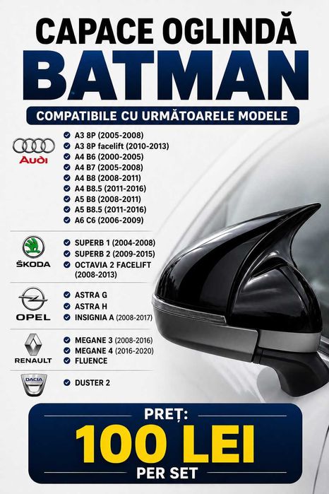 Capace oglinzi Batman Noi - TOATE MODELELE / Volkswagen Audi BMW Renault Skoda Opel Dacia