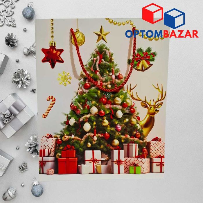 Yangi yil sovg'alari uchun archa rasmli 26x10x32 sm qog'oz paket