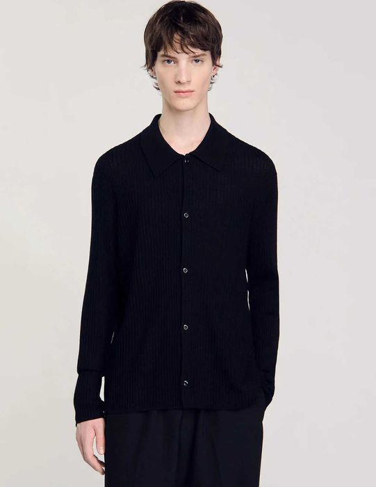 Sandro, Cămașă de lână din tricot reiat, Negru, M
