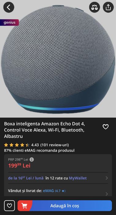 Boxa inteligenta Amazon Echo Dot 4, Alexa, Wi-Fi, Bluetooth, sigilata