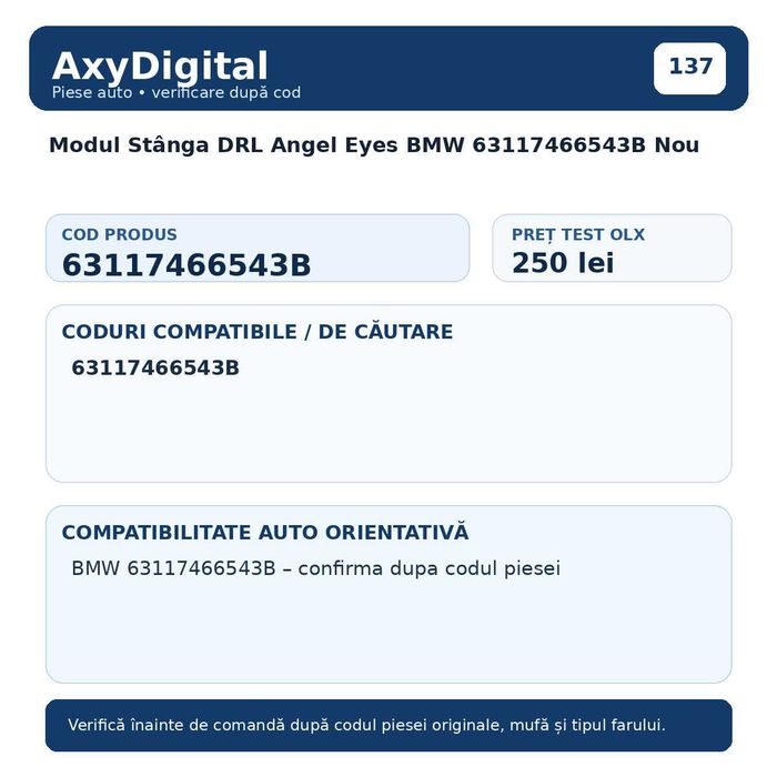 Modul Stânga DRL Angel Eyes BMW 63117466543B Nou
