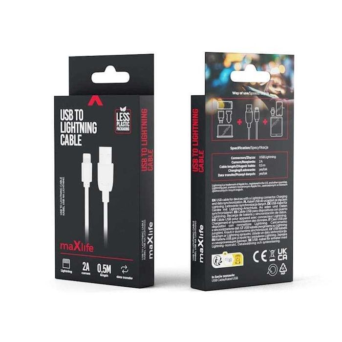 Кабел USB / Ligthning, 2A, 0.5 метра, бял - Maxlife