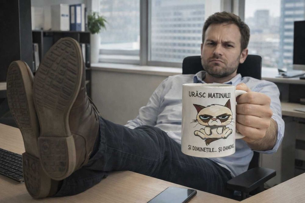 Cană de cafea cu mesaj amuzant – idee de cadou