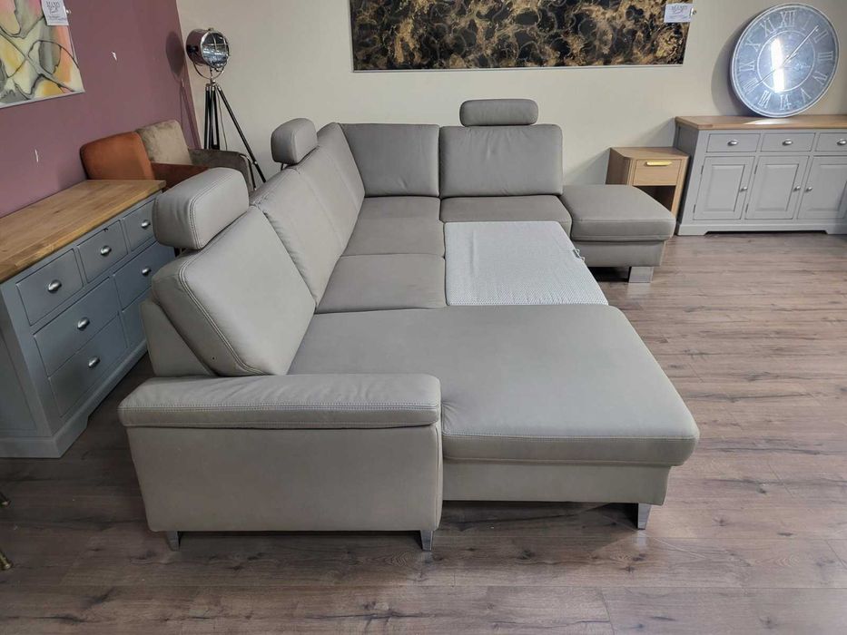 ПРОМОЦИЯ!!!Бежов П-образен ъглов диван от плат Sambia с функция сън