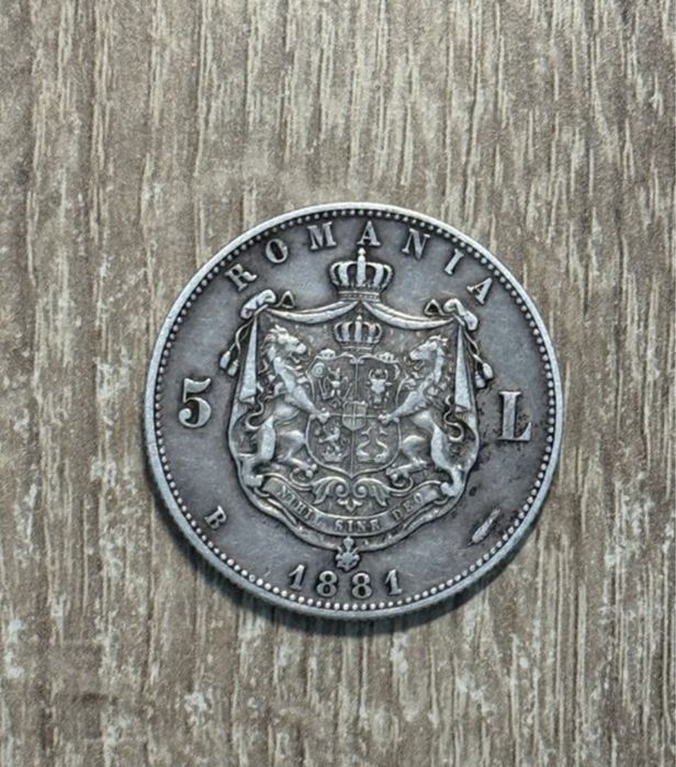 Moneda 5 lei 1881 , REGE G ingust, Carol I