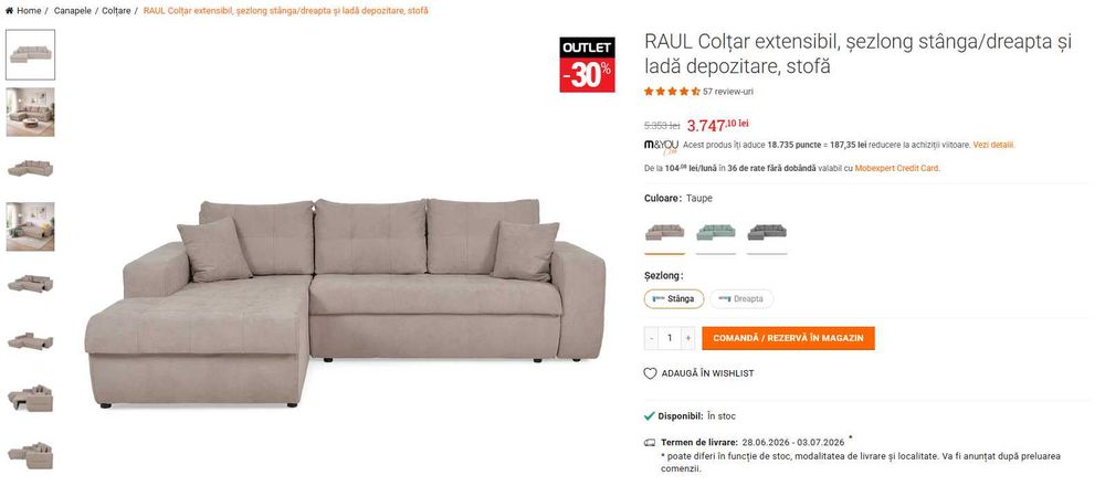 Canapea extensibila Mobexpert cu lada pentru depozitare, L.244 x l.190 x h.80
