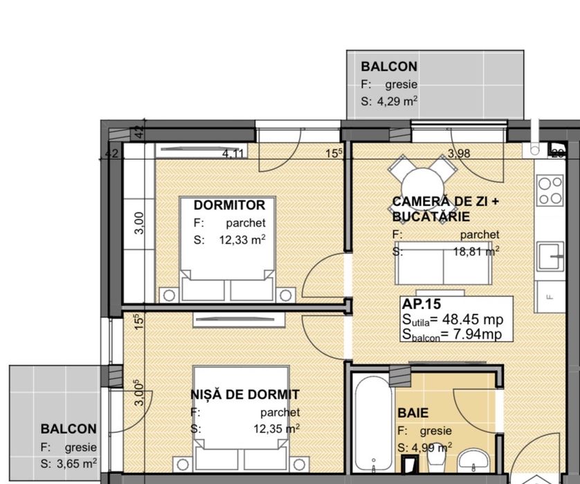 Apartament mobilat premium, 2 dormitoare, cu TVA inclus, 2 Balcoane, Etaj 1